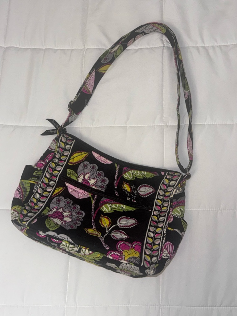 Vera Bradley Black Quilted Floral Shoulder Bag with Pink and Green